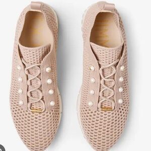 Jimmy Choo X Macaron Mix Crochet Knit Sneakers with Pearl Buttons